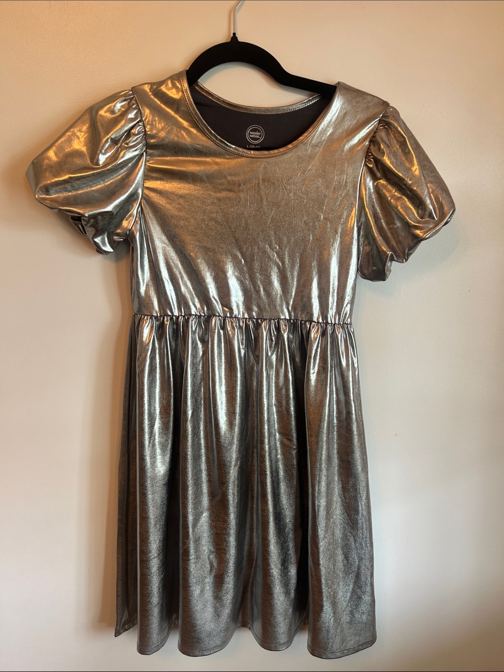 wonder nation Silver Metallic Puff Sleeve Girls Dress